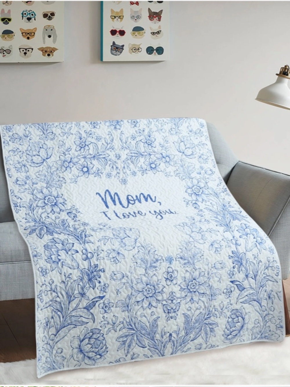 Mother's Day Quilted Throw Blanket Blue White Printed Lap Cover